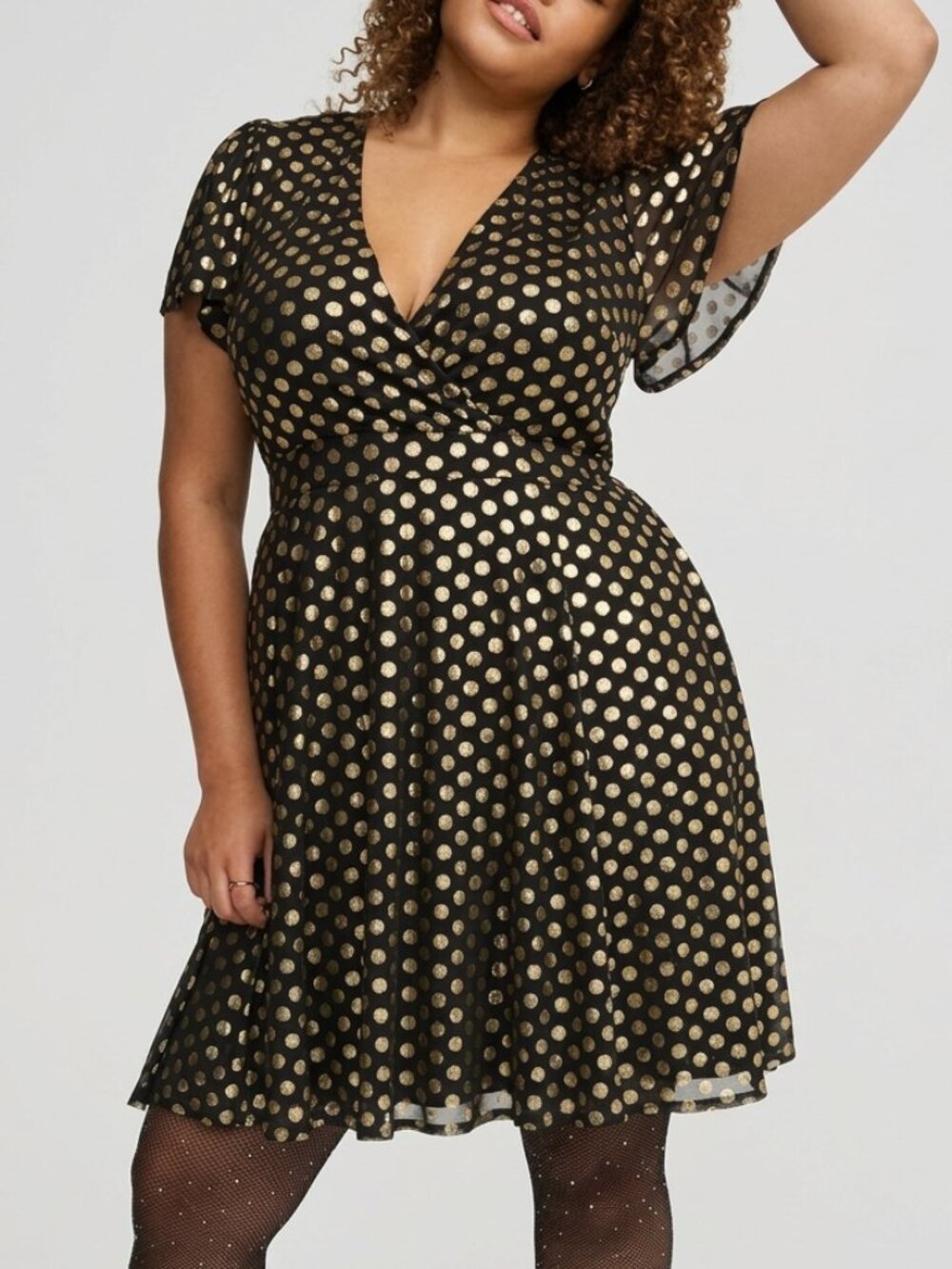 NEW NWT TORRID 1 Plus Size Flutter Sleeve Surplice Mini Dress Black Gold Party